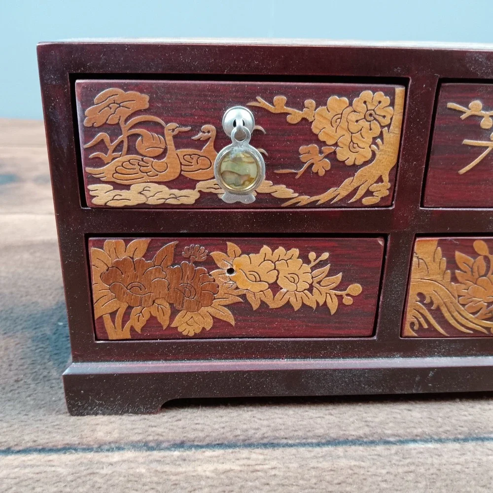 VTG MCM Asian Cherry Wood Carved Birds Abalone Shell Jewelry Box